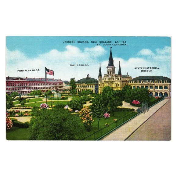 Jackson Square New Orleans LA Postcard St Louis Cathedral Historical Landmarks - Picture 1 of 2